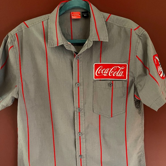 Vintage Coca Cola Mens M Gray Striped Logo Patch Button Down Work Shirt - Picture 1 of 6